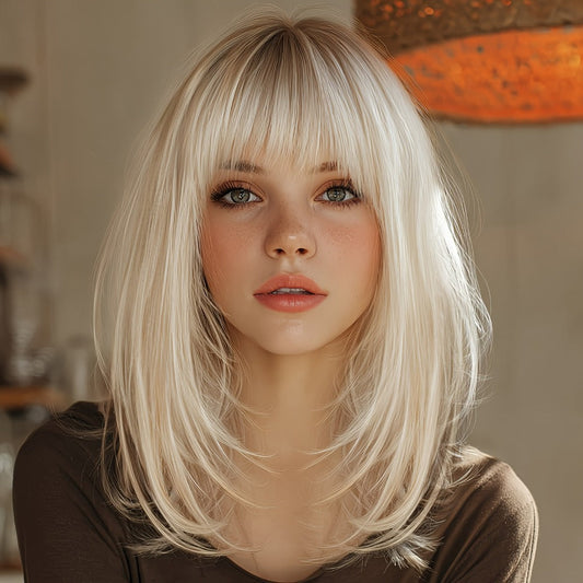 White Golden Wig with Bangs for Women 14 Inch Shoulder Length Straight Synthetic — Full Bangs Glueless High Temp Silk Fiber Rose Net Cap for Wedding Bridal Party Daily Wear