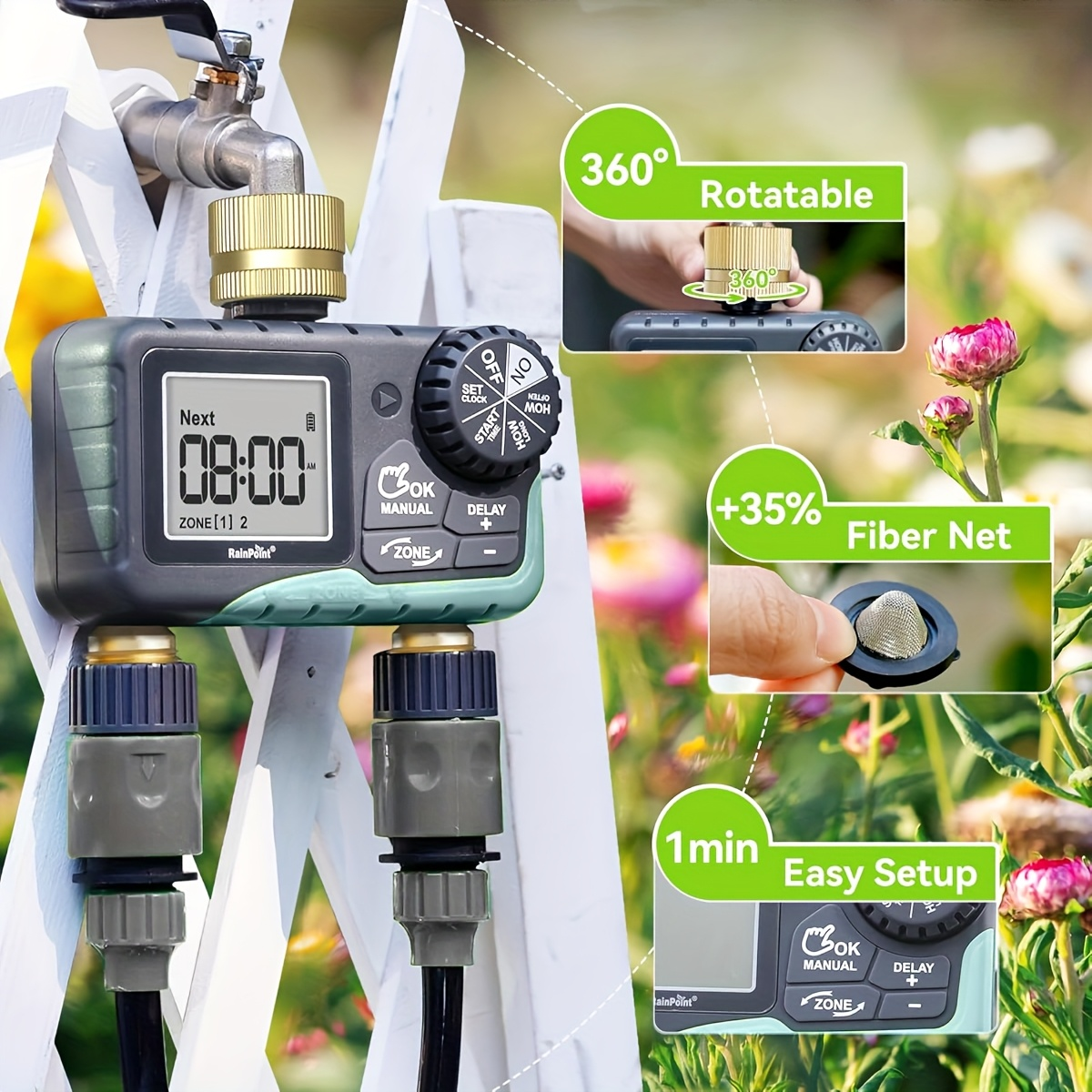 2-Zone Sprinkler Timer Programmable Faucet Irrigation Controller for Lawn & Yard