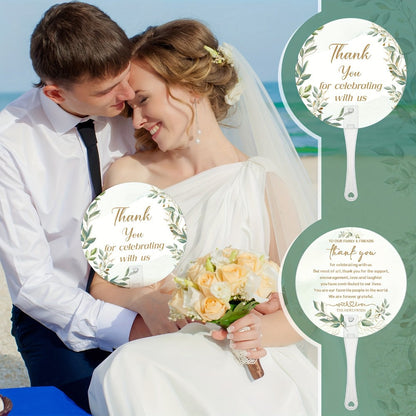 Greenery Leaf Wedding Hand Fans, 100-Piece Green Plastic Set with Handles for Ceremony, Bridal Shower or Party Guests
