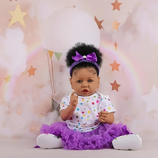 Reborn Baby Doll 21.5-Inch Full Vinyl Design with Curly Dark Hair, Open Eyes and Purple-and-White Outfit