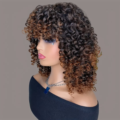 Synthetic Wig 14-Inch Kinky Curly Afro with Bangs in Black, Granny Gray or Dark Brown for Daily Styling