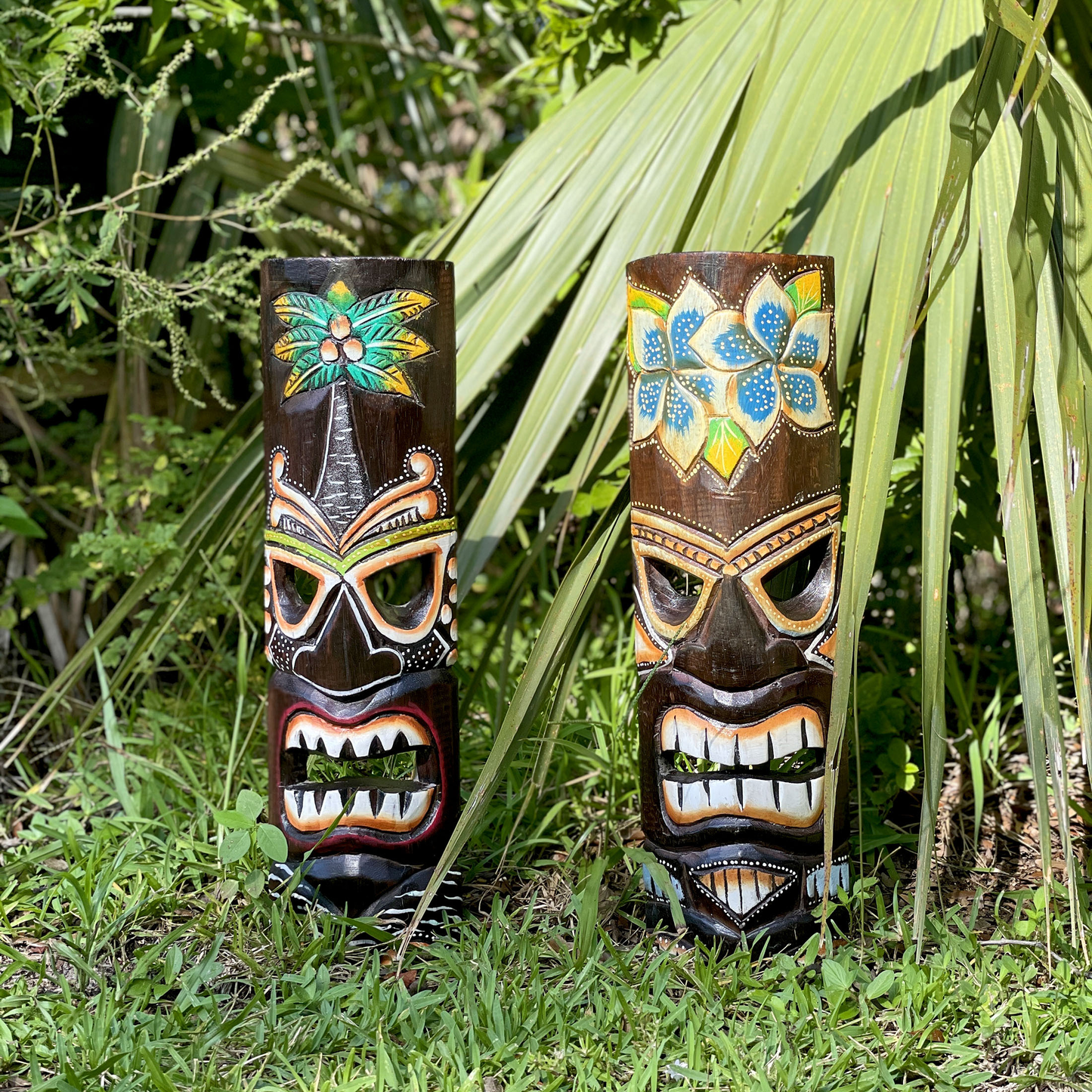 Two-Piece Multicolored Tropical Wall Mask Set with Pictured Palm and Flower Motifs and Carved-Look Details