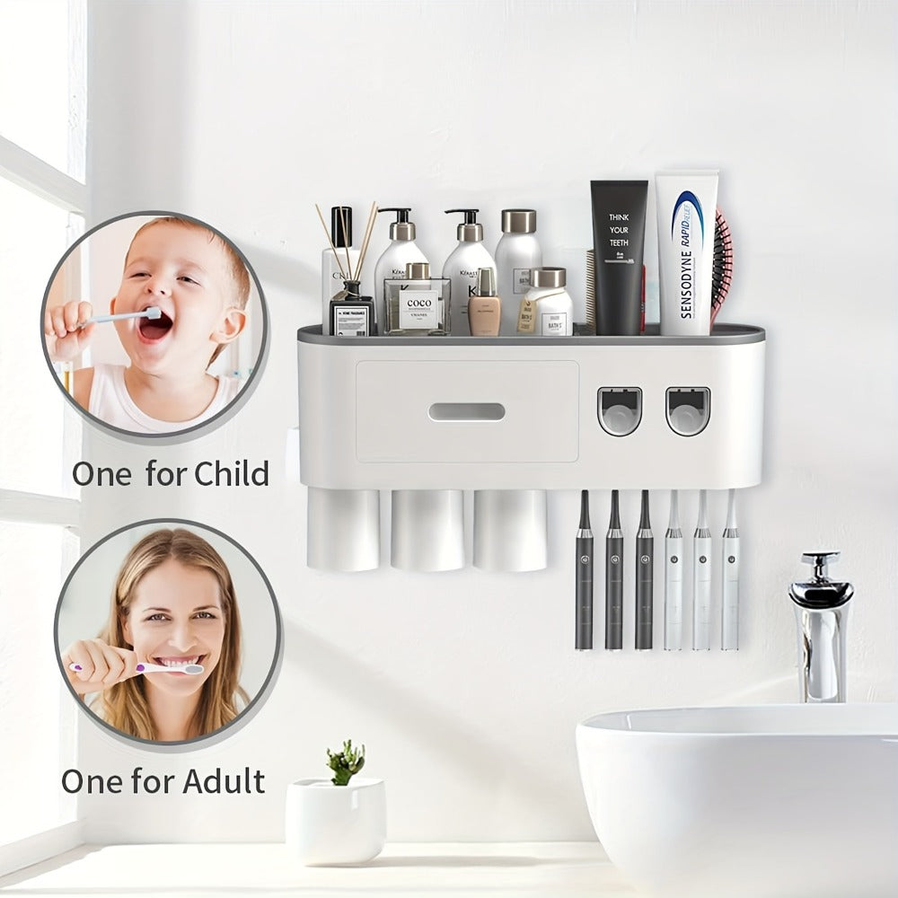 Wall-Mounted Toothbrush Organizer with Dispenser, Side Brush Stand and Two- or Three-Cup Options