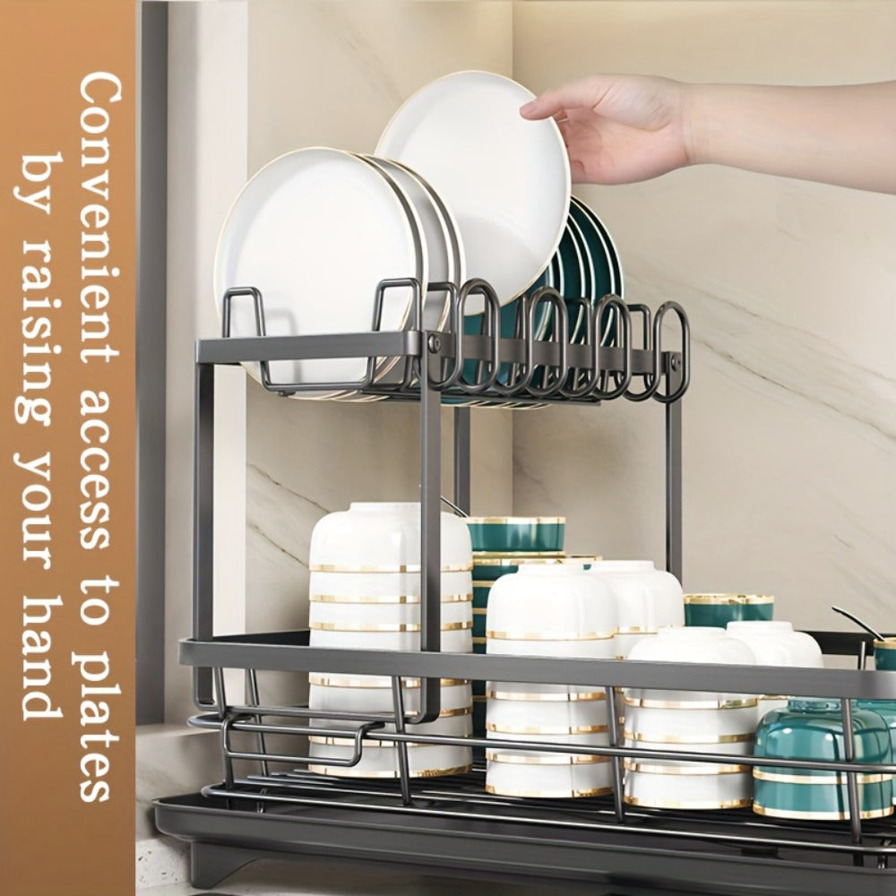 Two-Tier Dish Drying Rack, Metal Countertop Organizer with Cutlery Holder, Cup Holder and Drip Tray