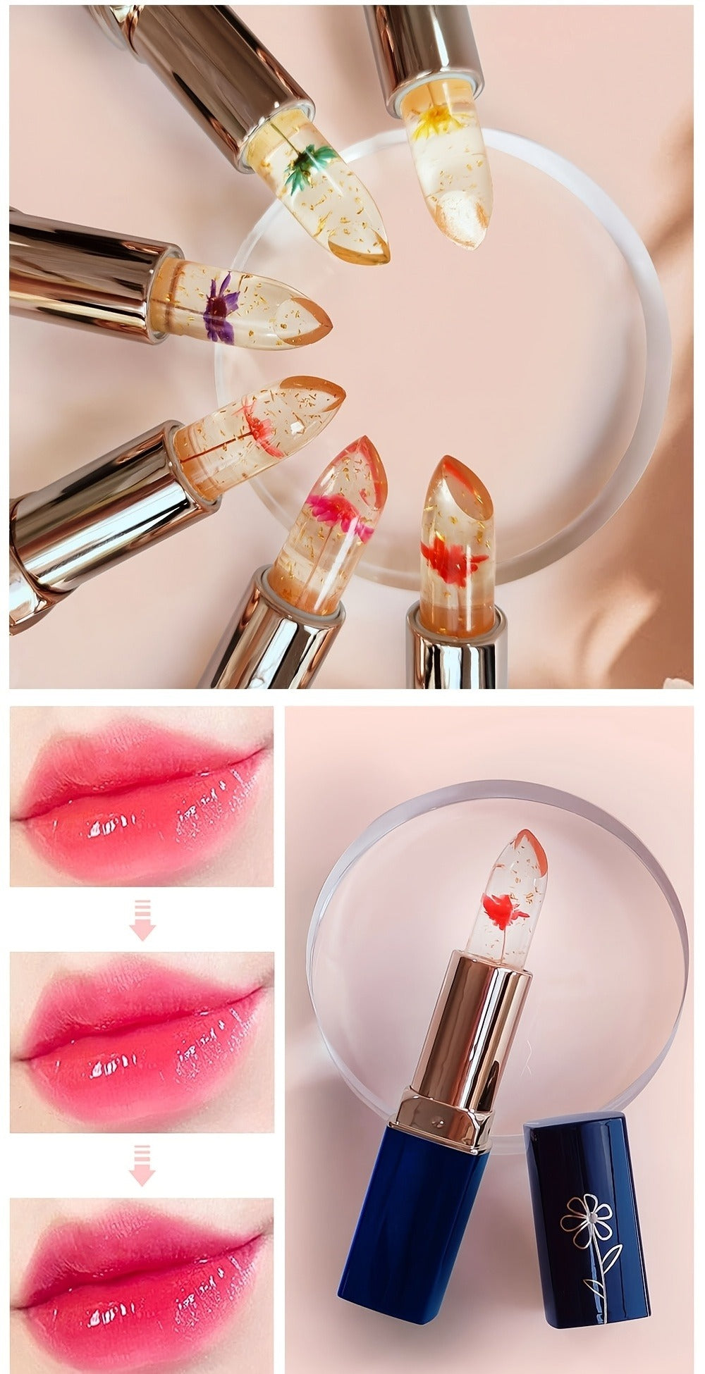 Flower Shaped pH Lip Balm Set 6pcs Individually Wrapped — Color Changing Transparent to Pink Tint, 6 Flavors Deep Moisturizing, Cute Floral Design Beauty Gift for Women Girls & Teens