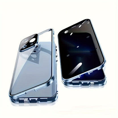 Phone Case Privacy Tempered Glass Cover with Aluminum Frame, Magnetic Snap Lock and Wireless Charging Support