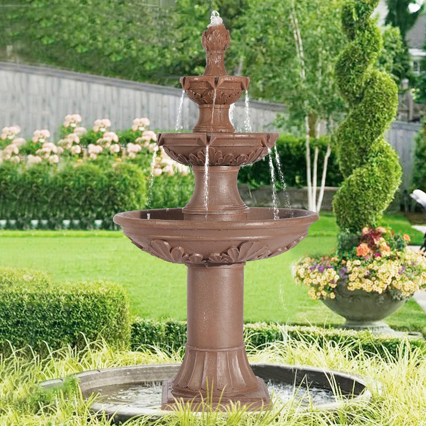 48.4 Inch Three-Tier Outdoor Water Fountain with Carved Flower Design in Three Finish Options