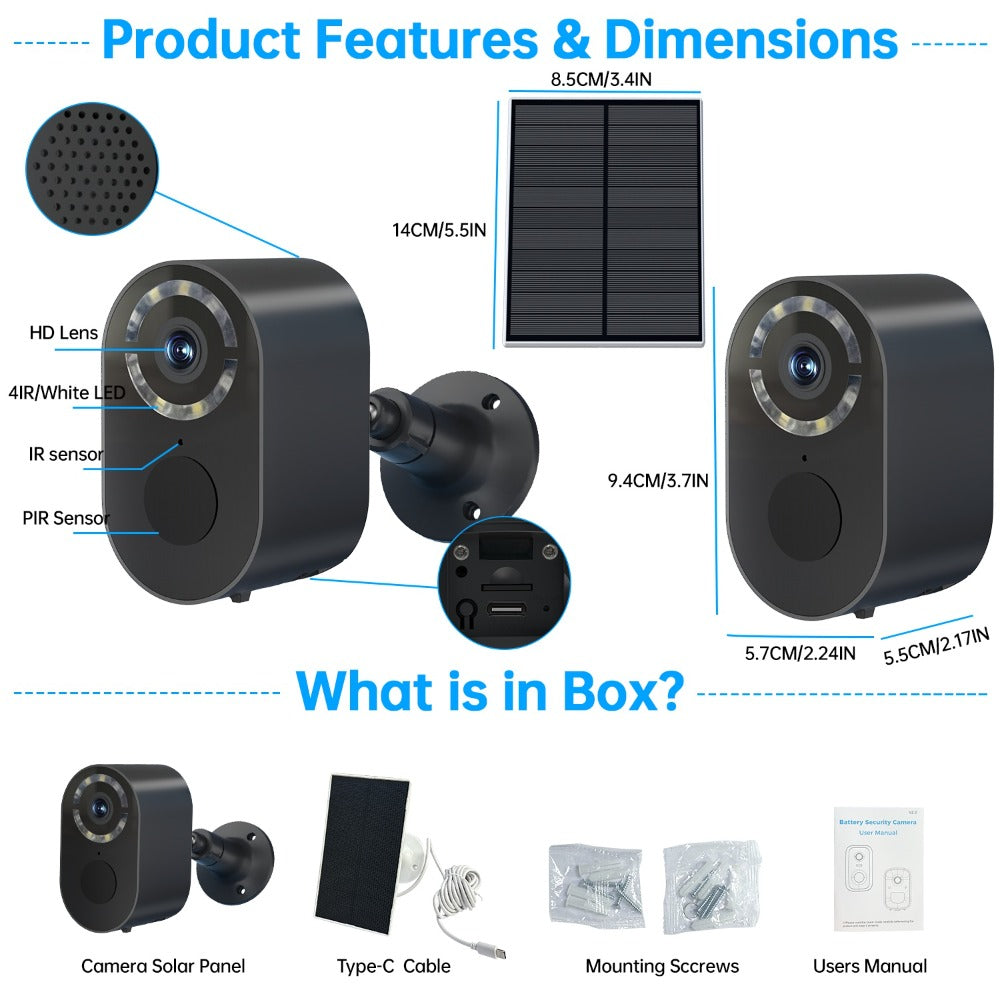 Security Camera 2K Solar Outdoor Model with Color Night Vision, Two-Way Audio, Human-Figure Alarm and Four Bundles