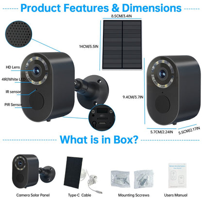 Security Camera 2K Solar Outdoor Model with Color Night Vision, Two-Way Audio, Human-Figure Alarm and Four Bundles