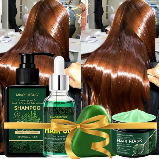 10-in-1 Hair Restoration Set 4pcs — Shampoo, Conditioner, Hair Oil & Hair Mask with Usman Grass & Platycladus Extract | Strengthens, Cleanses & Restores Damaged Dry Thinning Hair | All Hair Types