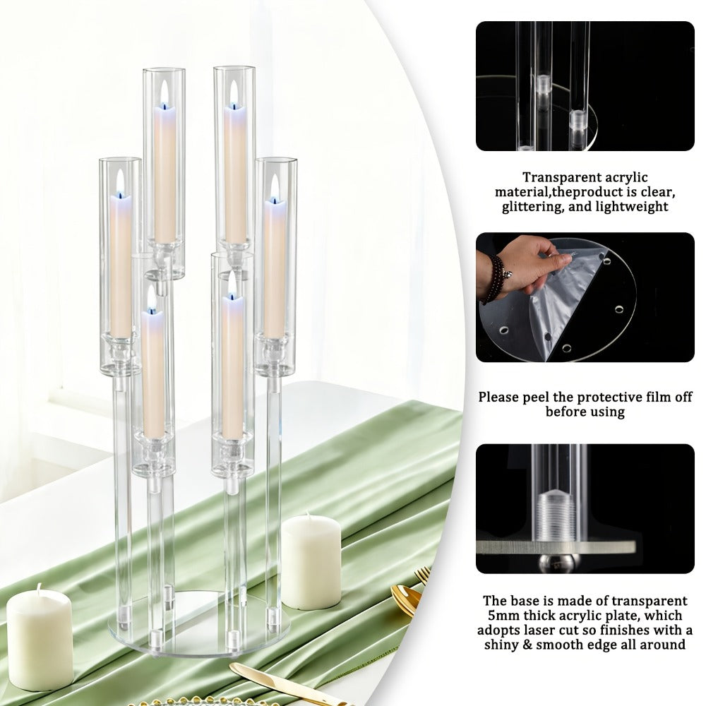 Clear Acrylic Six-Arm Candelabra with 68cm Height, 22cm Round Base and 2-, 4-, 10-, 12- or 20-Piece Options