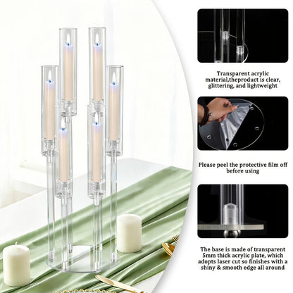 Clear Acrylic Six-Arm Candelabra with 68cm Height, 22cm Round Base and 2-, 4-, 10-, 12- or 20-Piece Options