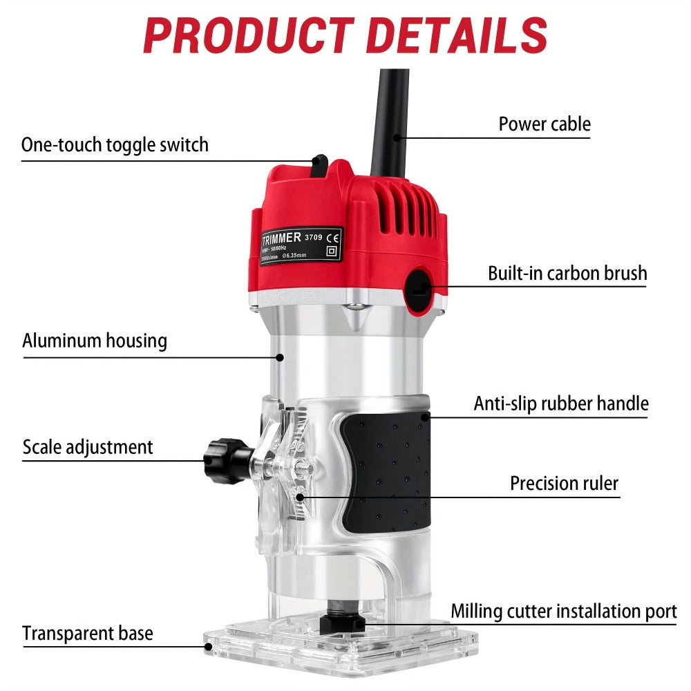 Compact 800W Wood Router Kit in Red or Blue with 15-Piece 1/4-Inch Bit Set and Guide Accessories