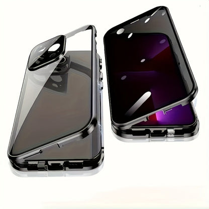 Phone Case Privacy Tempered Glass Cover with Aluminum Frame, Magnetic Snap Lock and Wireless Charging Support