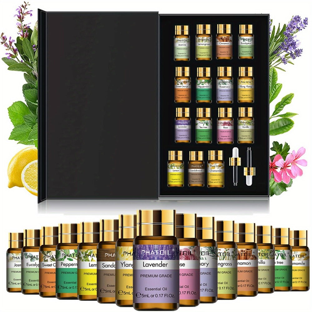15-Bottle Essential Oil Gift Set with 5ml Assorted Scents in Black Presentation Box for Diffuser Use