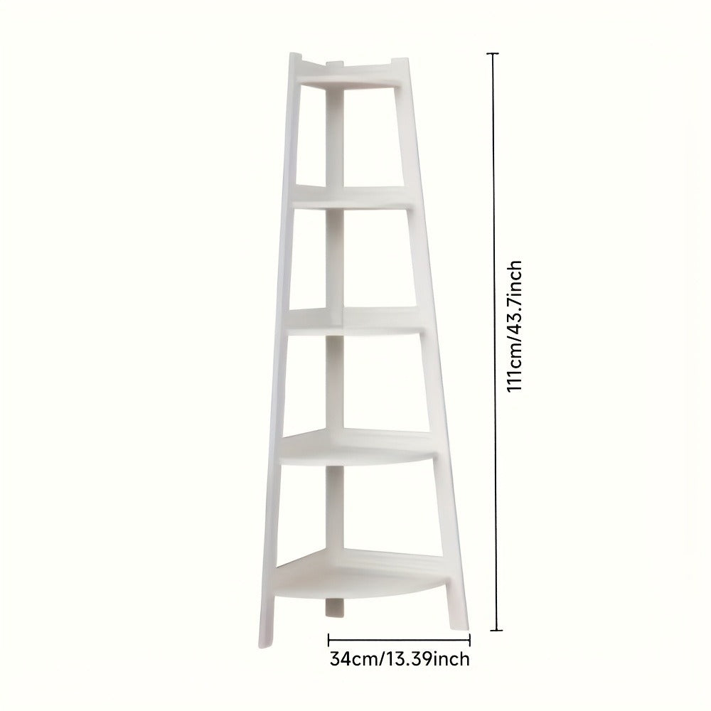 Corner Shelf 5-Tier Scandinavian Storage Cabinet – Space-Saving Vertical Organizer with Baskets, Shelves & Drawer, Modern Plastic Corner Rack for Home, Study, Balcony & Bathroom (White)