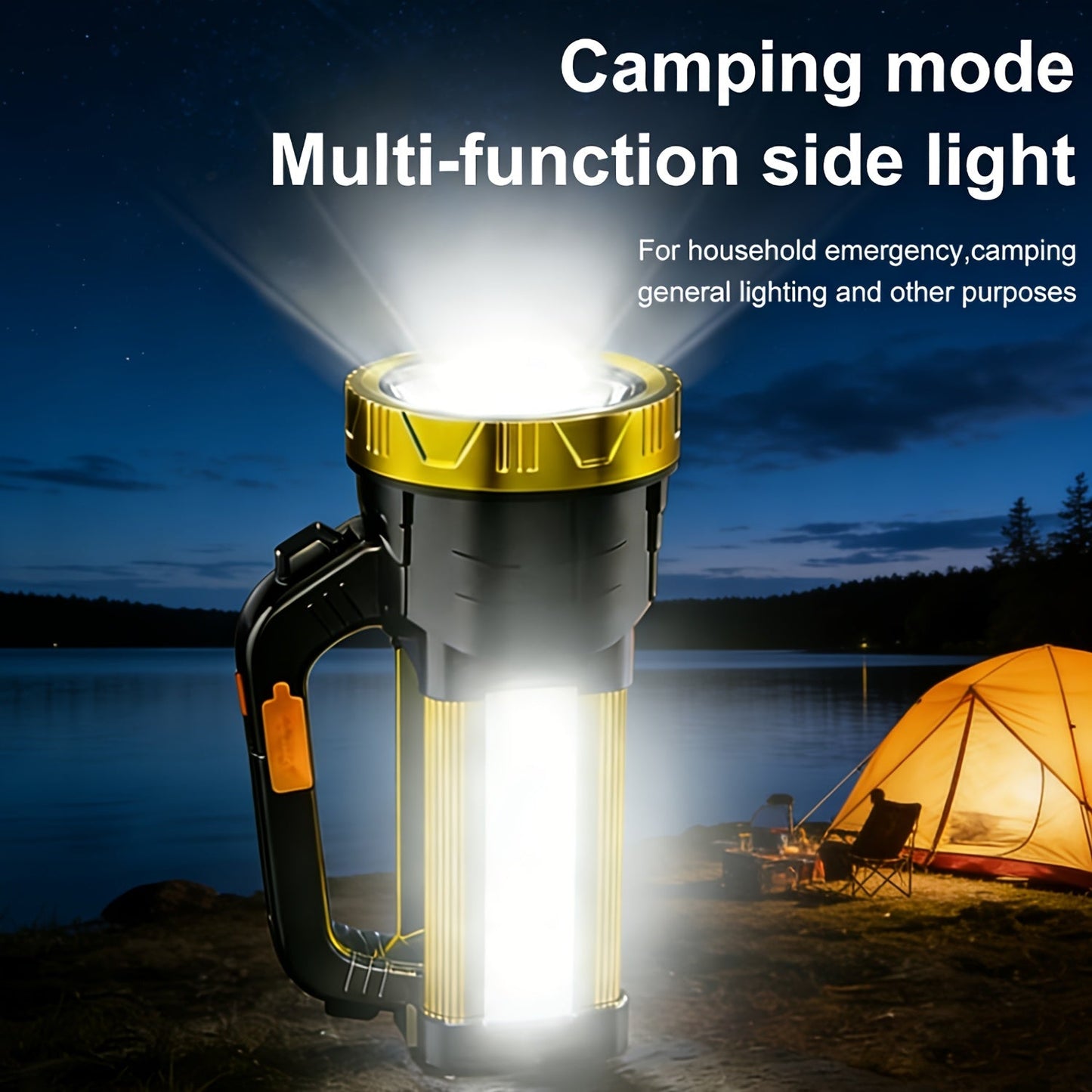 Flashlight 2000-Lumen Rechargeable Searchlight with 2400mAh Battery, Side Lantern and USB Output
