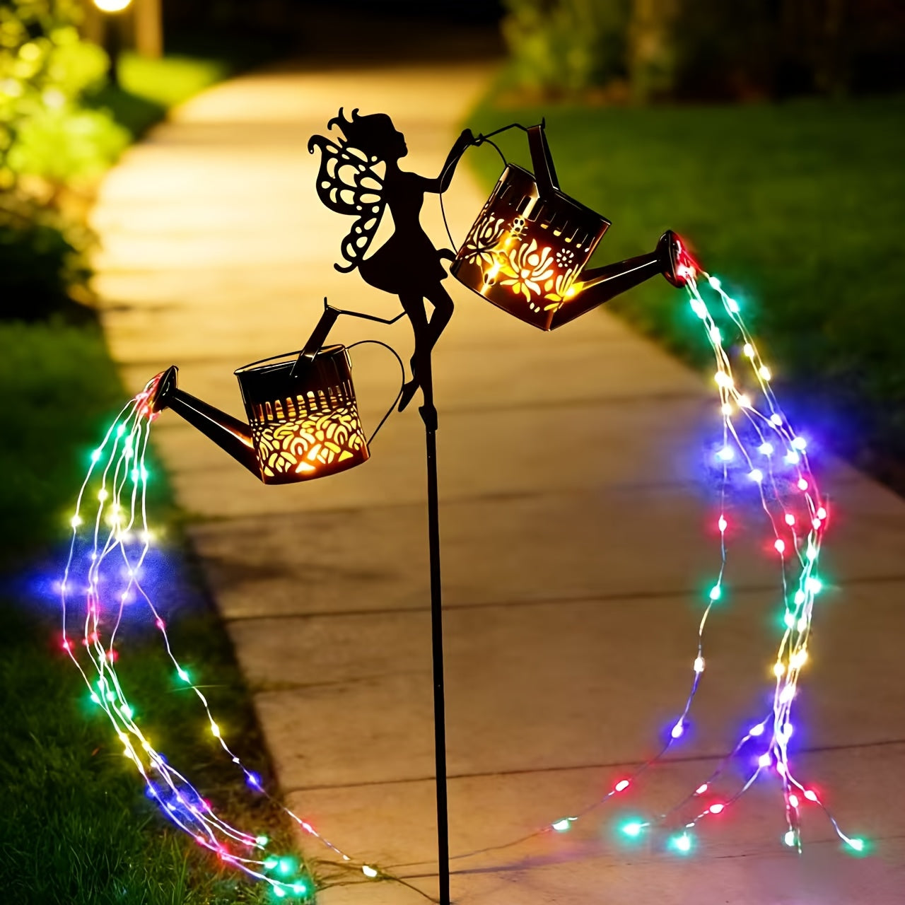 Solar Garden Lights Fairy Waterfall Statue with Multicolor String Lights and Ground-Stake Installation
