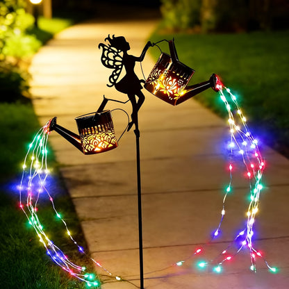 Solar Garden Lights Fairy Waterfall Statue with Multicolor String Lights and Ground-Stake Installation