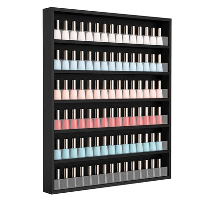 Wall Mount Nail Polish Rack 6 Tier Holds 120 Bottles with Acrylic Baffles — Large Nail Varnish Display Shelf Organizer for Salon Home White Black