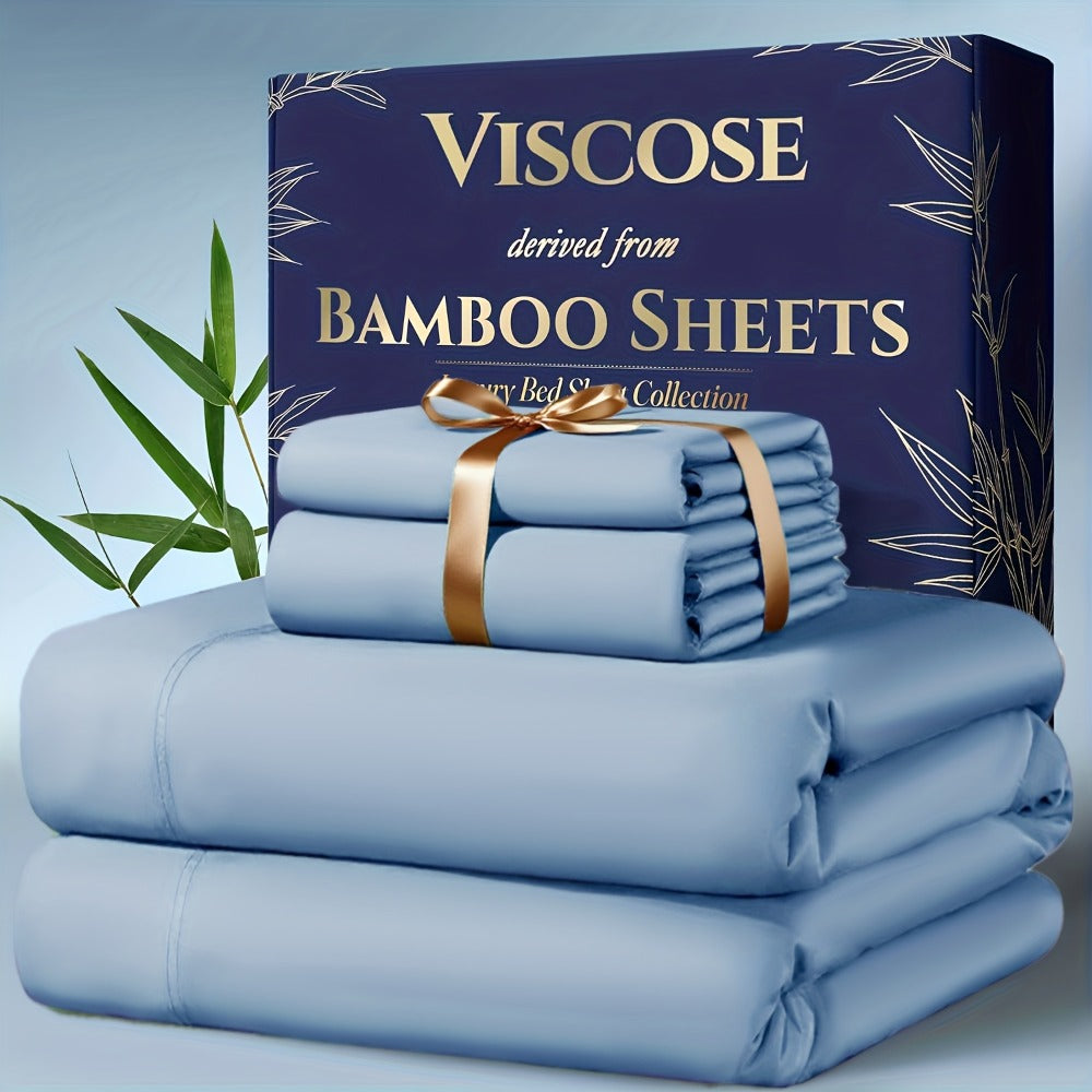 Viscose-from-Bamboo Four-Piece Sheet Set with Deep-Pocket Fitted Sheet, Twin to King Sizes and 12 Colors