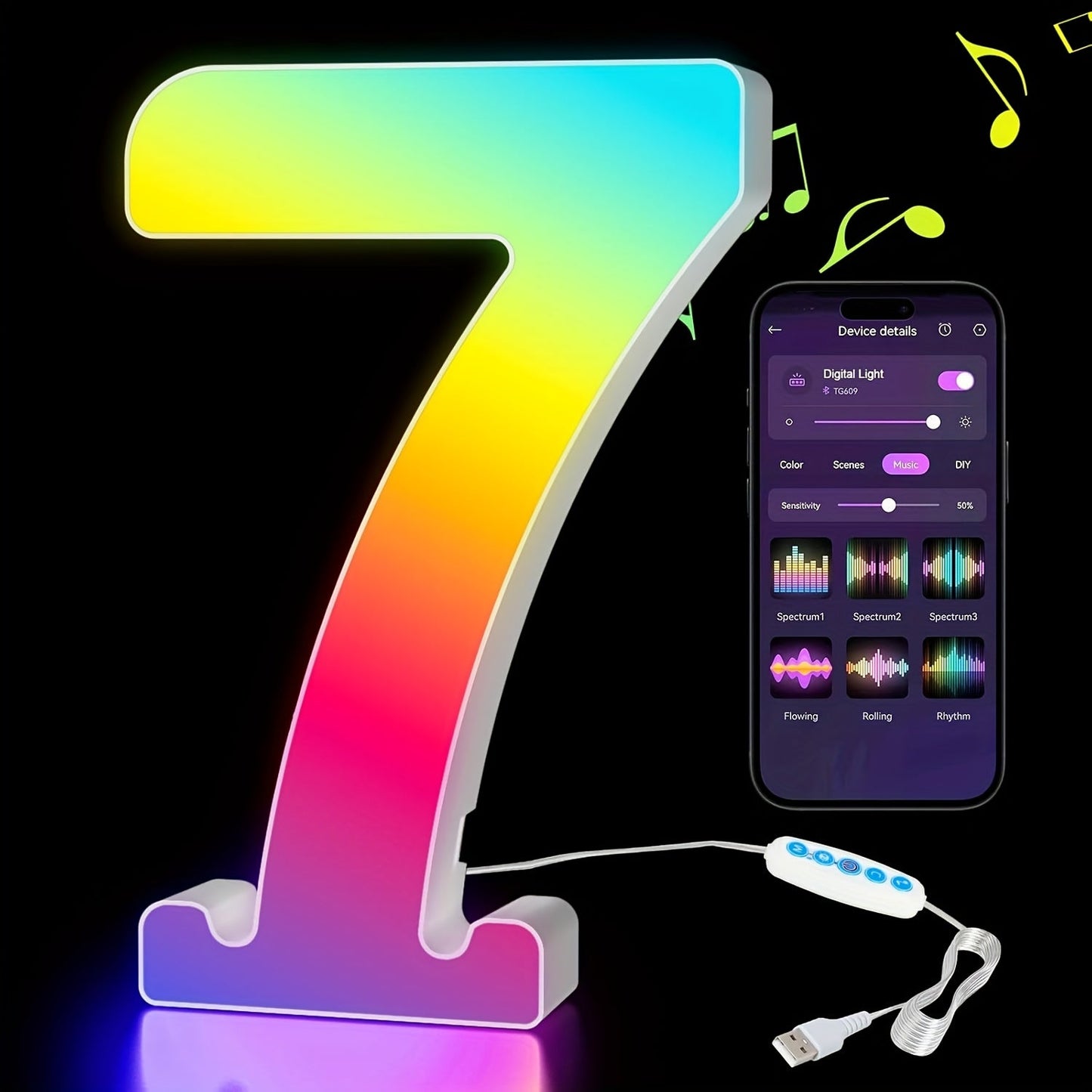 RGB LED Letter and Number Light with 38 Checkout Shapes, USB Power, App Control and Music Sync
