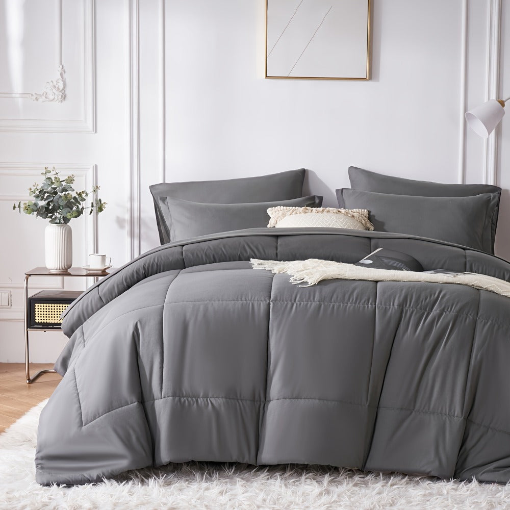 Comforter Set Soft Breathable Microfiber Bed in a Bag with Fitted Sheet Flat Sheet Pillowcases & Shams – All Season Fluffy Checkered Bedding Set Twin Full Queen King