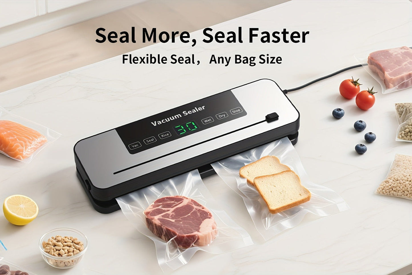 Countertop Vacuum Food Sealer with 65kPa Marking, Integrated Bag Cutter, Hose Port and 10 Bags
