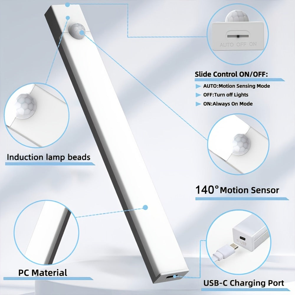 Night Light Motion Sensor LED Bar with USB Rechargeable 400mAh Battery, Three Brightness Levels and Six Size-Pack Options