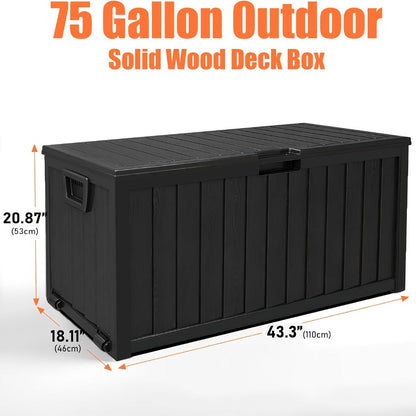 75-Gallon Outdoor Storage Box with Hinged Lid, Side Grips, Small Wheels and Three Color Options