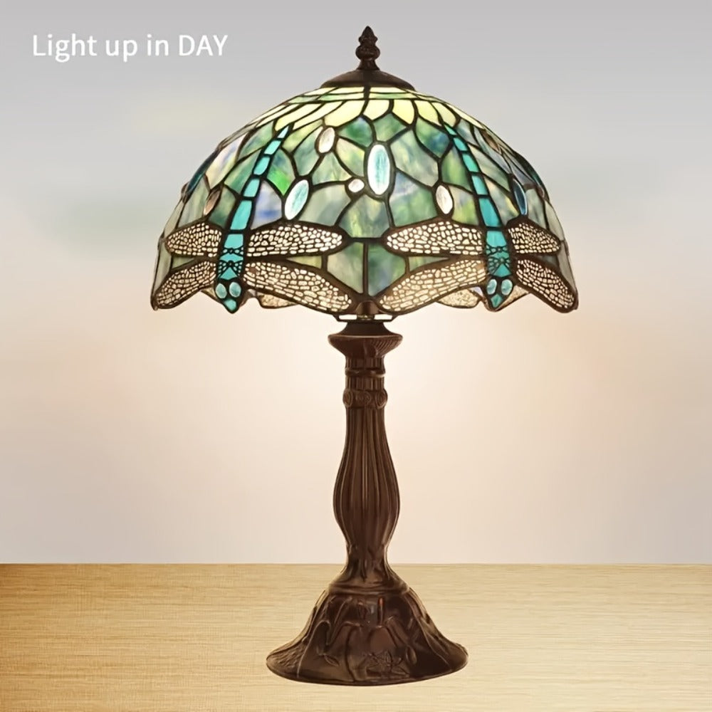 Table Lamp with Dragonfly-Motif Stained Glass Shade, 18-Inch Metal Base and Single Corded Tiffany-Style Design