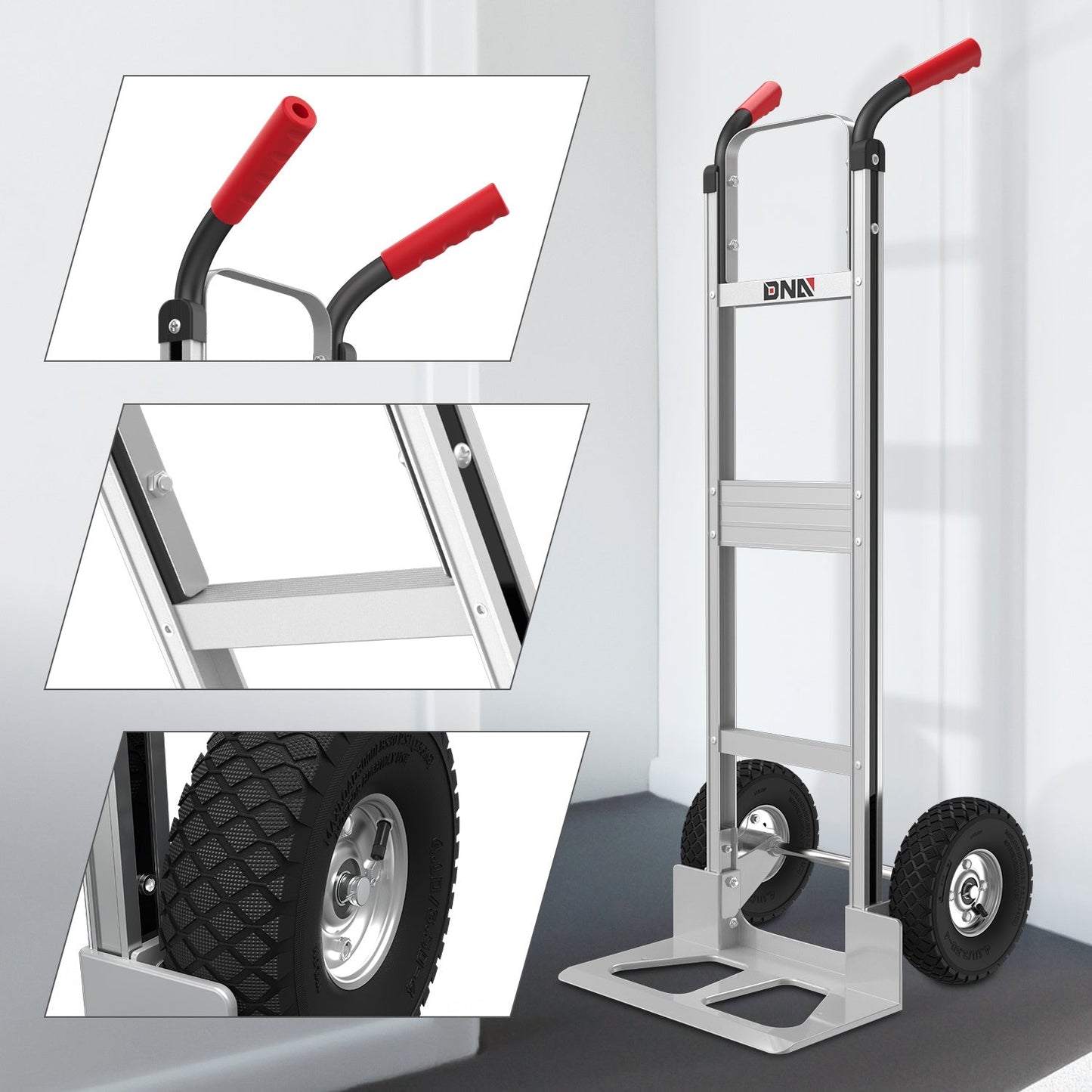 Upright Aluminum Hand Truck with Folding Toe Plate, 10-Inch Pneumatic Tires and 550 lb Load Label