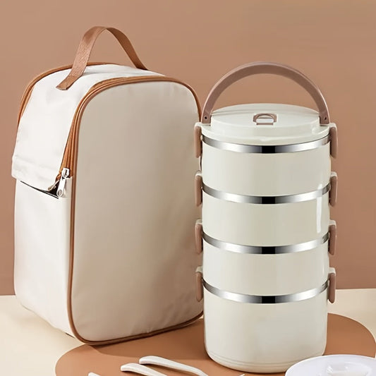 Four-Layer Lunch Box Set, Stackable Stainless Steel Meal Containers with Carry Bag and Cutlery