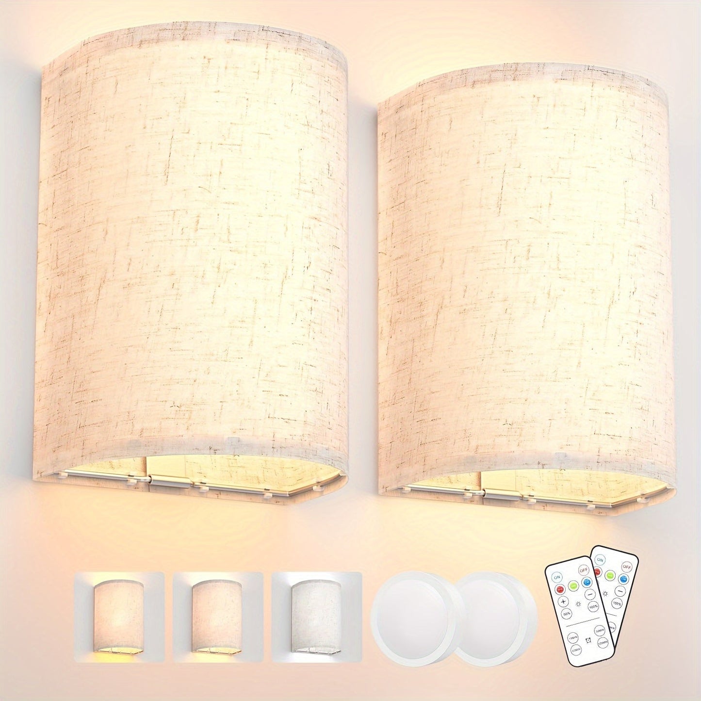 Rechargeable Two-Light Fabric Shade Wall Sconce Set with Magnetic Puck Lights and CCT or RGB Option