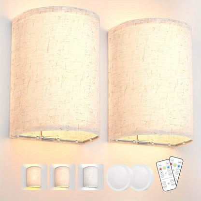 Rechargeable Two-Light Fabric Shade Wall Sconce Set with Magnetic Puck Lights and CCT or RGB Option