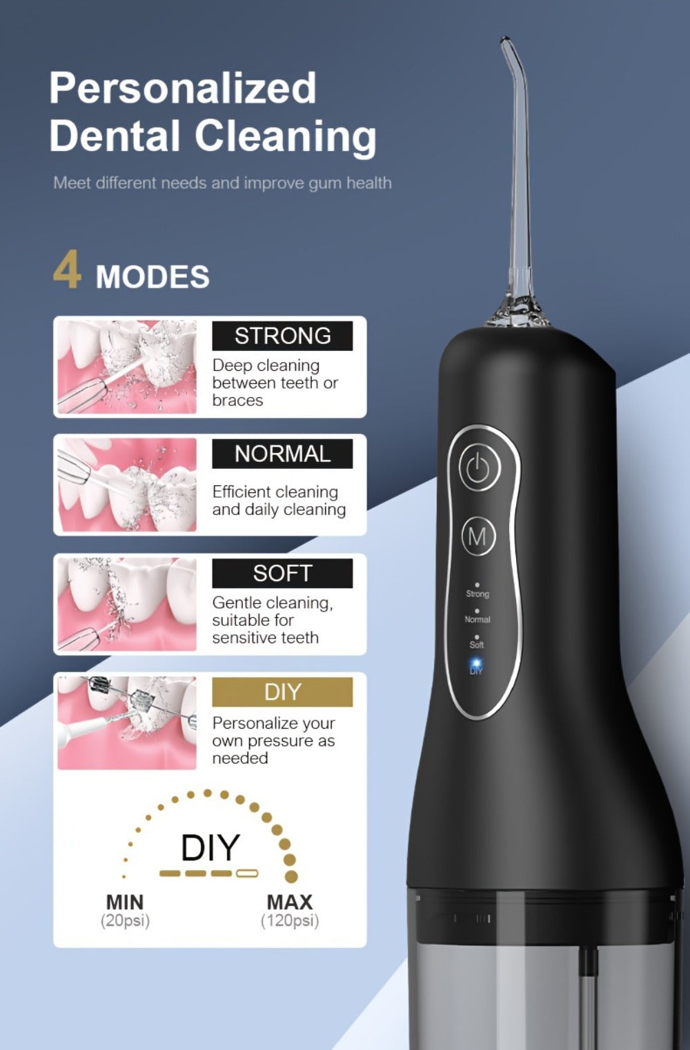 Water Flosser Cordless Oral Irrigator 4 Modes 4 Nozzles Rechargeable IPX7 Waterproof Portable Deep Cleaning Gum Care Dental Hygiene for Braces Travel Home Gift Black