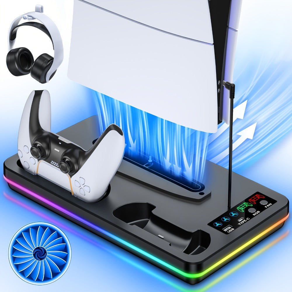 10 RGB Lights PS5 Cooling Stand with 3-Level Fan, Dual Controller Charging Station, USB Hub & Type-C Port – Compatible with PS5 / PS5 Slim / PS5 Pro Standard & Disc/Digital Edition