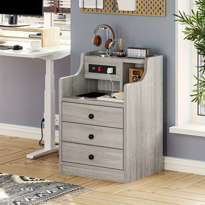 Nightstand 3-Drawer Hutch with Two AC Outlets, Two USB Ports and Gray or White Bedroom Finish