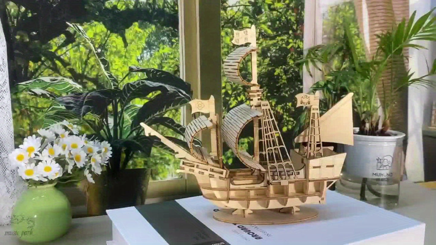 Wooden Sailboat Model Kit Ocean Theme – Handmade 3D DIY Assembly Brain Teaser Puzzle for Adults Teens, Display Ship Model, Nautical Hobbyist Gift for Birthday Christmas Thanksgiving