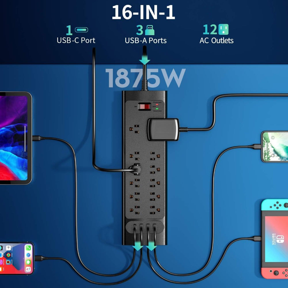 Spacious Outlet Gaming Power Strip 16-in-1 with Control Switch, 12 Wide-Spaced AC Outlets & 4 USB Ports (1 USB-C), Surge Protector, 5ft Extension Cord for TV Monitor Gaming Setup Home Office – Sleek Design