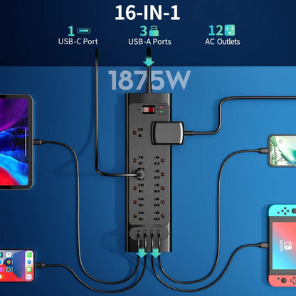 Spacious Outlet Gaming Power Strip 16-in-1 with Control Switch, 12 Wide-Spaced AC Outlets & 4 USB Ports (1 USB-C), Surge Protector, 5ft Extension Cord for TV Monitor Gaming Setup Home Office – Sleek Design
