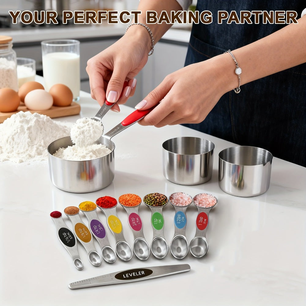 Seventeen-Piece Stainless Steel Measuring Cup and Spoon Set with Eight Cups, Eight Spoons and Leveler