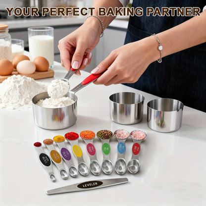 Seventeen-Piece Stainless Steel Measuring Cup and Spoon Set with Eight Cups, Eight Spoons and Leveler