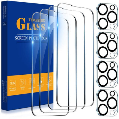 Screen Protector, 8-Piece Clear Tempered Glass Set with Four Screen Films and Four Camera Lens Covers for Selected iPhone Models