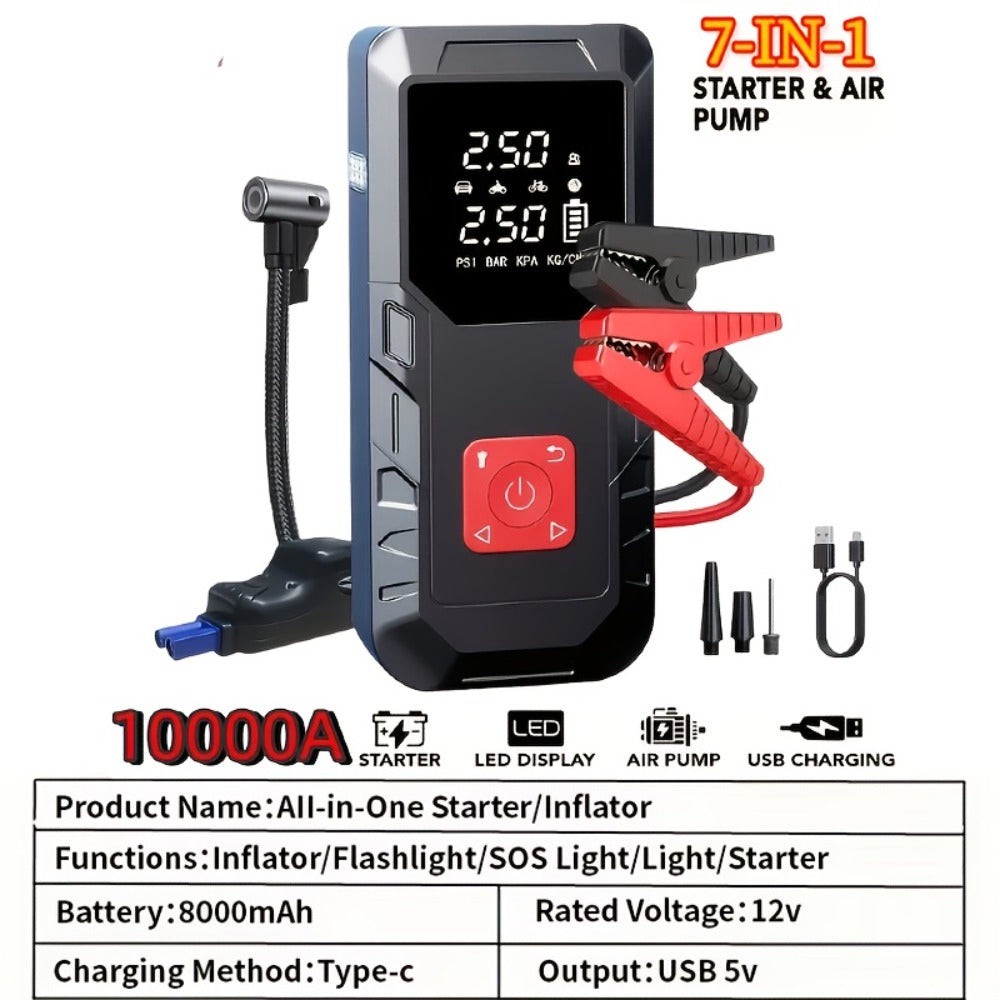 Portable Car Jump Starter 10000A – 9-in-1 Battery Booster with 350PSI Tire Inflator, LED Light, USB-C Fast Charging, Power Bank for 12V Gas & Diesel Vehicles, Emergency Car Tool