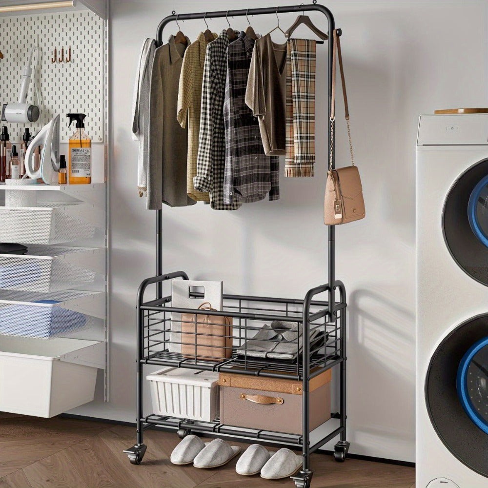 Rolling Laundry Basket Cart with 70.25-Inch Hanging Rail, Two Shelves, Four Casters and White, Black or Silver Frames