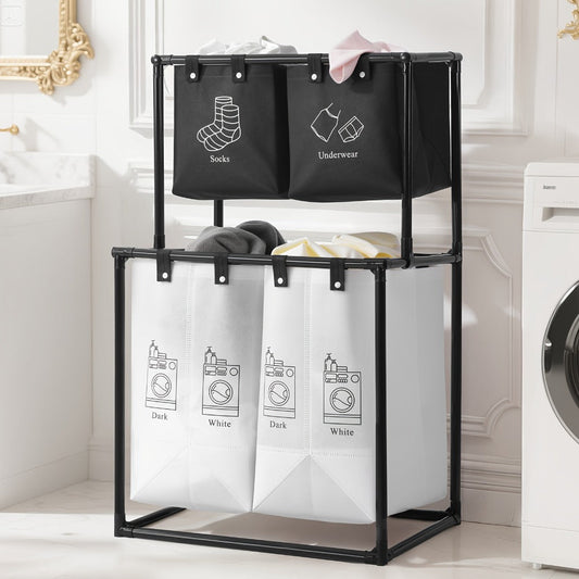 Laundry Sorter 2 Compartment Hamper – 2-Tier Metal Frame Laundry Hamper with Handles, Breathable Mesh Bags & Cable Ties – Space-Saving Clothes Organizer for Home, Bedroom & Apartment