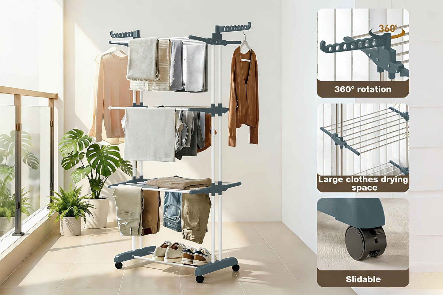 Four-Tier Foldable Metal Clothes Drying Rack with Casters for Up to 30 Garments and Small Spaces