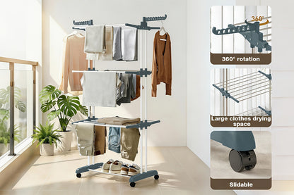 Four-Tier Foldable Metal Clothes Drying Rack with Casters for Up to 30 Garments and Small Spaces