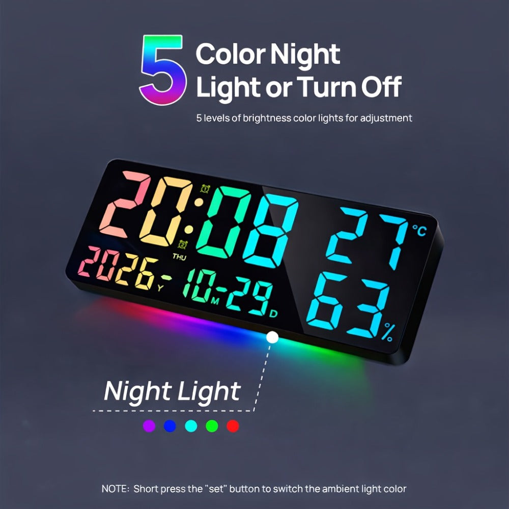 Digital Wall Clock 14.6 Inch Large LED Display with Remote Control - 12 RGB Color Modes, Dual Alarm, Night Light, Temperature, Humidity & Date | Smart Home Decor for Living Room, Bedroom & Elderly